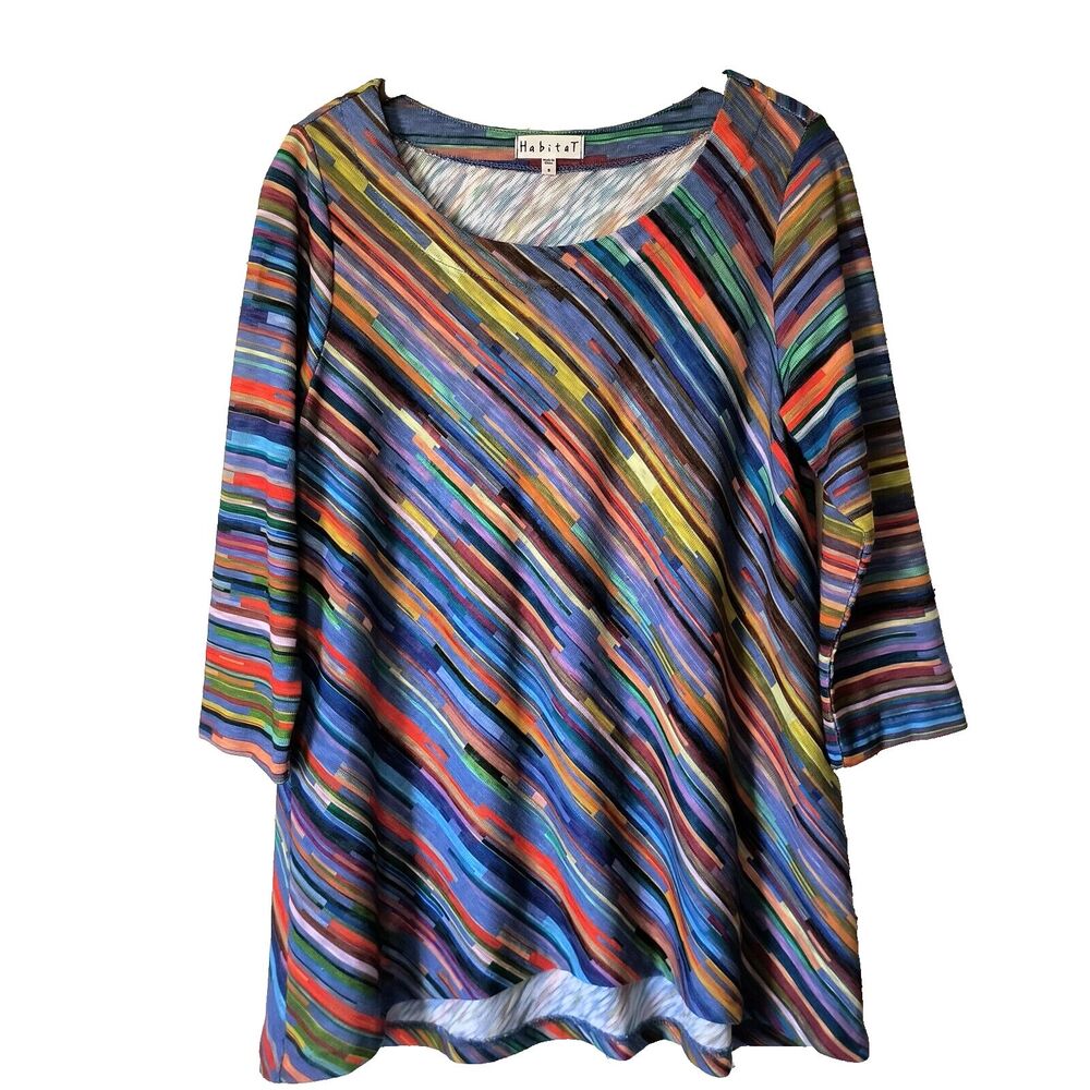 Habitat Top Womens S Multicolor Tunic Art To Wear  3/4 Sleeve Rainbow Lagenlook